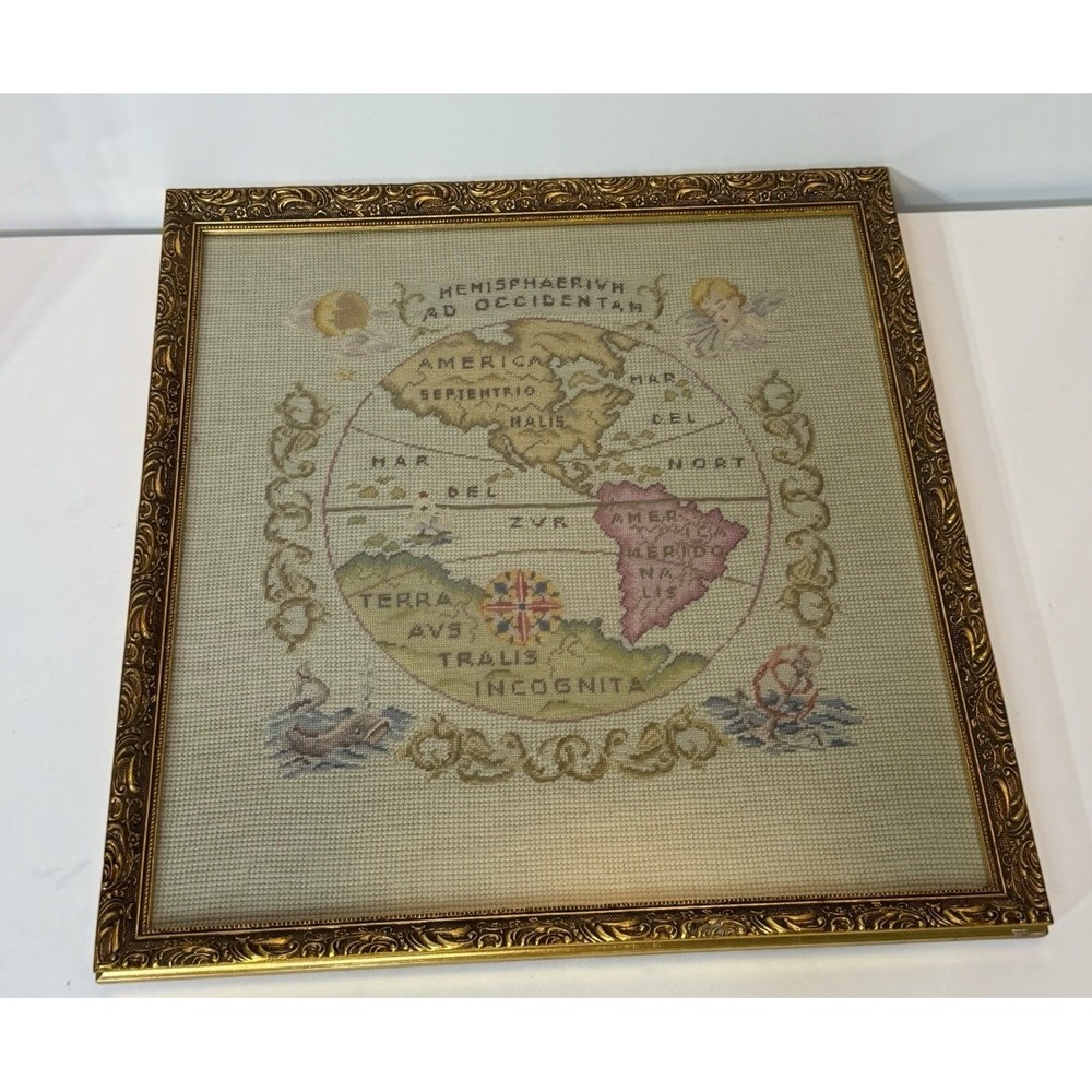 Vintage Framed Large Completed Needlepoint Western Hemisphere